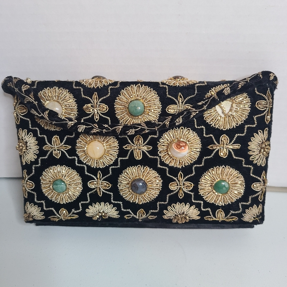 Vintage Black Velvet Purse Embellished Beaded Gold Embroidered Handmade